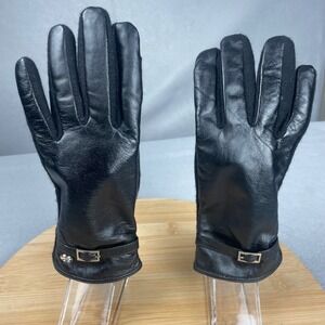 Designer Black Leather Wool Gloves Buckle Logo Detail Size S